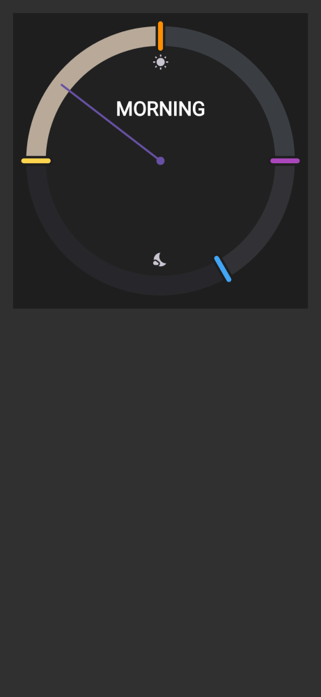 Day-phase clock in Andcor Launcher showing the morning phase highlighted on a circular 24-hour dial