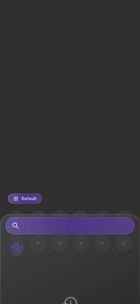 Andcor Launcher app drawer in its default state with a purple search bar, favorites dock and the Default space chip