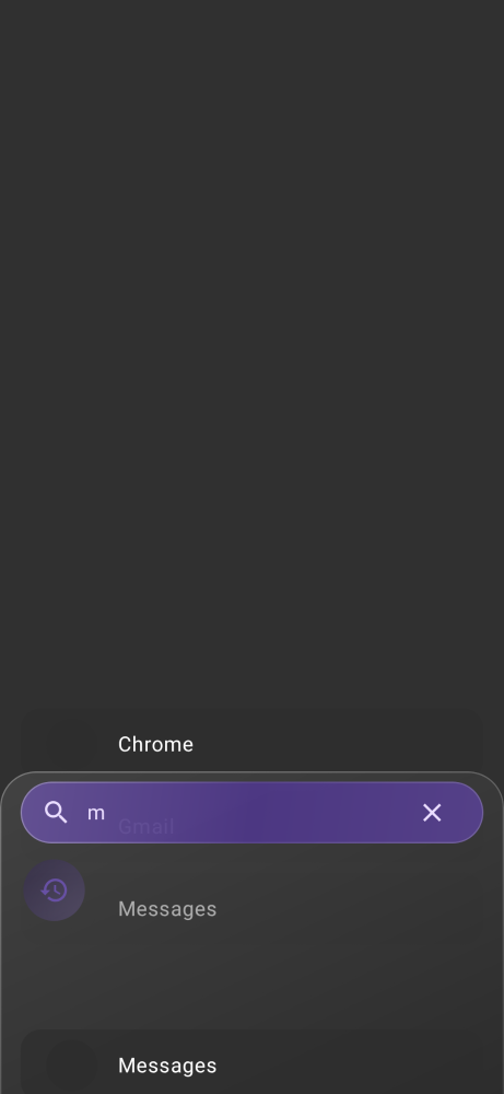 Andcor Launcher home screen showing instant search results after typing a single letter